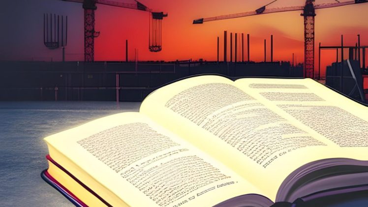 Open Bible and construction site blended illustration in retro style.